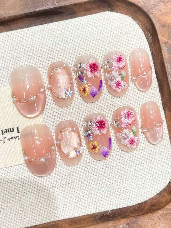 Bring The Small Garden On Your Hands! 10pcs Short Oval Blush Cats Eye Crystal Butterfly With Pearl Multicolor Flower Decorative Nails, High-End Sweet Spring Floral Scent, Suitable For Daily Wear, Dating, Reusable Handmade Nail Stickers With Jelly Gel Nail File