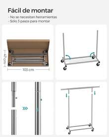 Burro Ropa con Ruedas, Perchero Burro Extensible con Carga Pesada, Capacidad de Carga Máx. de 100 kg, Fácil de Montar, Portátil, Plata - Plateado - Ver 6