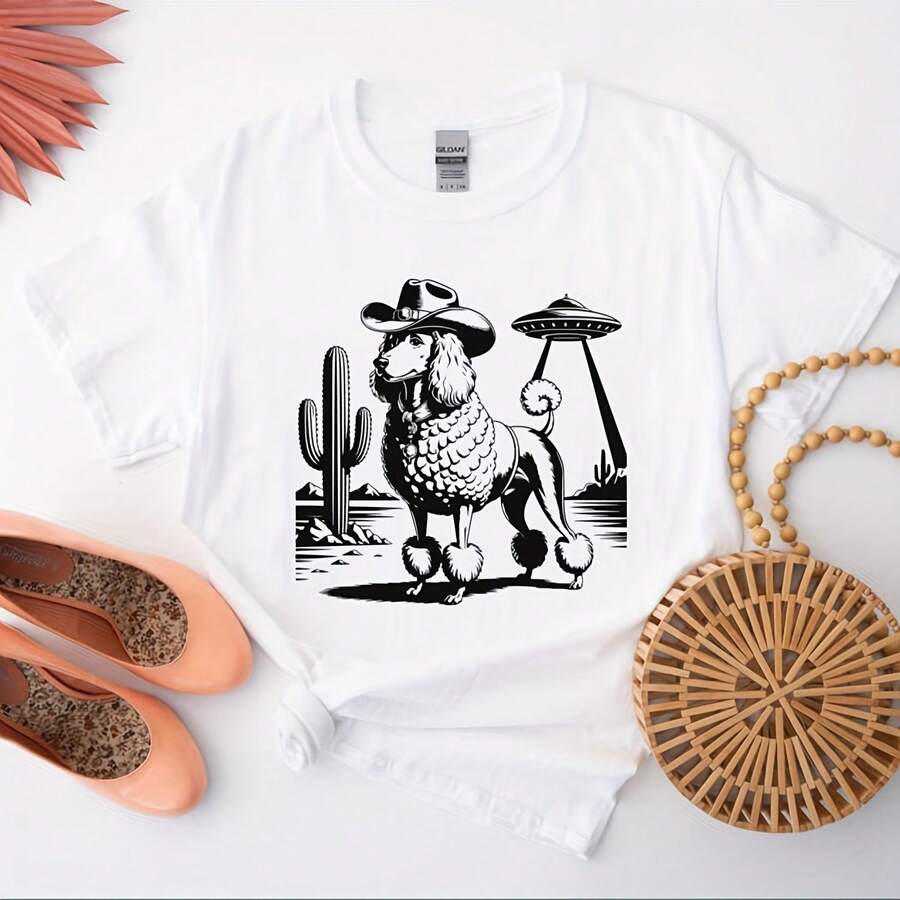 Poodle UFO Shirt For Dog Owners Retro Poodle T-Shirt For Dog Lovers Alien Vintage Poodle Cowboy Top - White - View 1