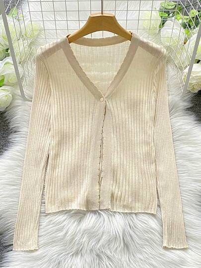 Women's Autumn V-Neck Long Sleeve Slim Fit Crop Knit Top, Chic & Minimalist, Cardigan Sweater