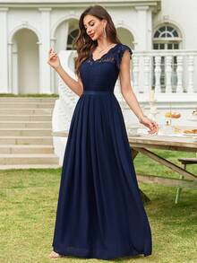 Elegant Lace Bodice V-Neck Scallop Sleeve Contrast Chiffon Pleated Hem Formal Evening Party Long Dress, Homecoming Dress, Wedding Guest Dress, Bridesmaid Dress, For Birthday, Graduation, Formal Events