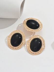 3pcs/Set Elegant Vintage Classic Geometric Oval Inlaid Black Resin Women Stud Earrings & Ring Set, Suitable For Casual Daily Wear