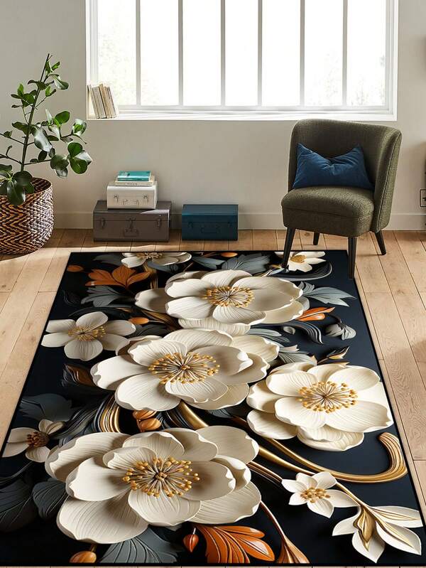 1pc Navy Blue Vintage Printed Area Rug, Retro Style, Washable, Bohemian Flannel Polyester Rectangle Rug With Nubby Texture, Soft, Water-Absorbent, Non-Slip, Easy To Clean, Suitable For Living Room, Bedroom, Kitchen, Nursery, Office, Party, Birthday, All Seasons