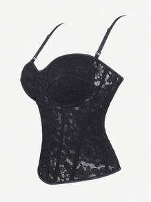 Lace Corset Bodice For Women, Black Lace Mesh Shaping Camisole With Adjustable Spaghetti Straps, Overbust Boned Bustier, Side Zipper