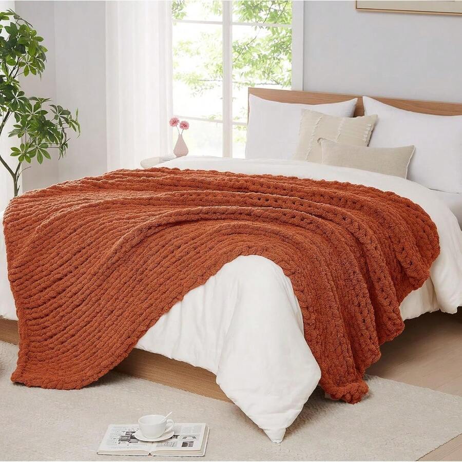 Chunky Knit Blanket - Soft Chenille Yarn Throws 40x50: Handmade Thick Cable Crochet Blanket - Large Chunky Yarn Rope Knot Throw For Couch, Sofa, Bed Home Decor - 銹橙 - 查看 1