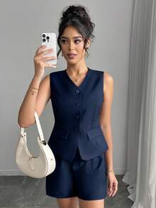 Frühling/Sommer Neu Modisch Elegantes Taillen raffendes Weste & Kurze Hose Set mit Gummibund, einfarbiger plissierter Anzug, geeignet für Strand, Abenddate, Büro, Zuhause, Straße, Garten und formelle Abendveranstaltungen