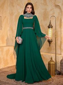 Sukienka maxi z szyfonu z plisowaną talią i dekoltem w serek, zdobiona perłami i rękawami w kształcie latarni - Zielony - Zobacz 5