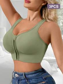 3 pièces Soutien-gorge de sport à fermeture éclair frontale pour femmes, confortable et respirant avec coussinets de poitrine, sous-vêtements de fitness et de yoga