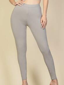 Solid Casual Active High Waist Elastic Waistband Leggings Women's Clothing - 灰色 - 查看 2