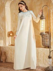 宽松串珠长袖连衣裙晚礼服 - 白色 - 查看 5