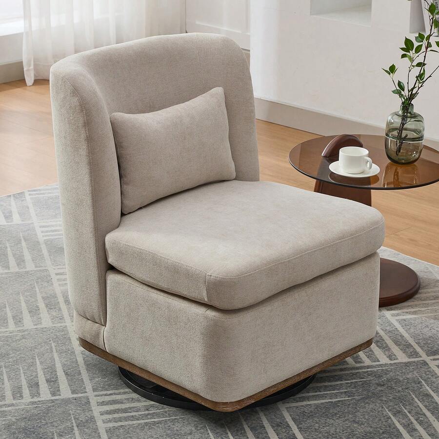 360° Swivel Chair, Chenille Upholstered Swivel Accent Chair, Barrel Chair With Pillow, Club Sofa Chair With Thick Cushion, Reading Accent Chair, Vanity Chair For Living Room, Office - 米色 - 查看 1