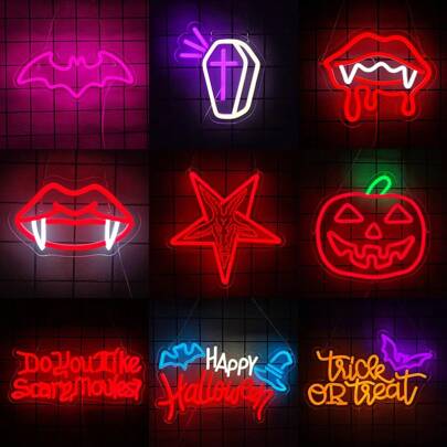 Señal de neón de Murciélago/Labios de vampiro/Ataúd/Oveja gótica/Calabaza de Halloween/¿Te gustan las películas de miedo?/Truco o /Feliz Halloween, decoración gótica de terror con señal de neón LED para la pared, luz de fiesta de Halloween, adecuado para dormitorio, bar, sala de juegos, cuarto de hombre, cumpleaños, decoración de habitación gótica de Halloween, alimentado por USB 5V, fácil de instalar.