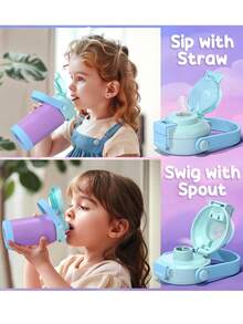 Kids Insulated Water Bottle With Pop-Open Straw & Spout 2-In-1 Lid,14oz Kids Cups With Stainless Steel Leak Proof For School Travel, Back To School - Rainbow & Mermaid - View 4