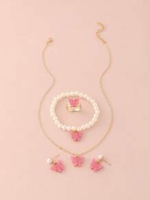 5pcs/Set Girls' Plastic Butterfly Necklace, Pearl Beaded Bracelet, Earrings, Ring Set, Decoration For Daily And Vacation