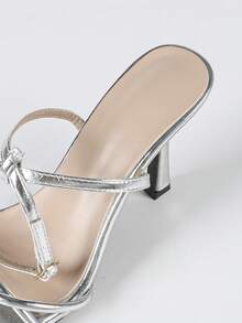 女士银色手工细带高跟鞋，性感露趾派对晚会婚礼礼服鞋，时尚博主和影响者推荐，9 厘米鞋跟高