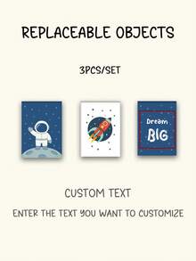 3pcs Frameless Custom Text Wall Art, Space Theme Kids Room Decor, Cute Astronaut And Rocket Posters, Personalized Nursery Room Canvas Prints, Inspirational "Dream Big" Quote Back To School
