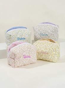 1pc Women's Personalized Quilted Ditsy Floral Cosmetic Bag, Portable Travel Toiletry Organizer, Large Capacity Embroidered Customized Beauty Bag, Soft Multi-Functional Storage Pouch, Ins Style Octagonal Letter Bag, High-Quality Bridesmaid Gift, Suitable For Daily Use, Gift For Family, Friends, Mother, Partner, Mother's Day, Valentine's Day, Nurse Day, Teacher's Day, Christmas, Anniversary, Birthday, High School Senior High School Students, College Students, University Students, Freshman, Sophomore, Underclassmen