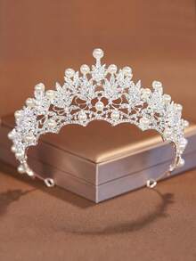 4 件优雅女士婚礼首饰套装：1 条珍珠水晶皇冠项链和 1 对耳环，时尚新娘派对配饰 - 銀色 - 查看 2