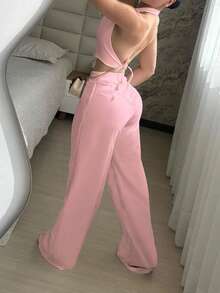 V领搭扣背心和宽松阔腿裤两件套 粉色夏季 - 粉色 - 查看 2