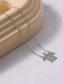 QWNHONEY 1 件不锈钢镂空设计海龟吊坠女士项链，适合男女日常佩戴 - 銀色 - 查看 3