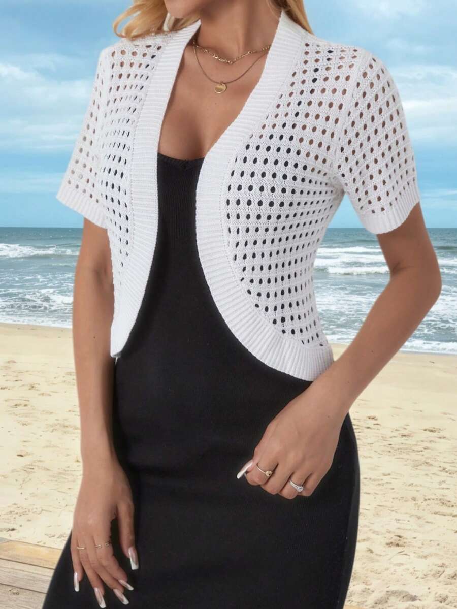 Elegant Solid Mesh Hollow Short Sleeve Cropped Cardigan With Arched Hem - White - View 1