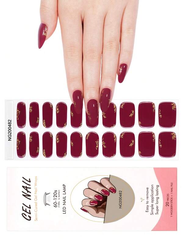 1 Box Natural UV Gel Nail Stickers, Durable Classic Red Gold Foil Semi-Cured 20 Pieces Finger Nail Gel Decals, Easy To Wear And Remove