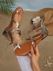 女士夏季新款平底凉鞋，性感圆头一脚蹬拉链开合休闲罗马风格百搭优雅鞋