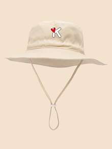 1 pieza Sombrero de sol para niños con patrón de corazón y letra, con cordón ajustable a prueba de viento, estilo casual tipo cubo para uso diario al aire libre, playa, protección solar - Beis - Ver 10