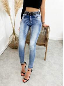 女用牛仔褲 附彈性 口袋 日常 Women trousers, women jeans, trousers with zipper, star jeans, diamond jeans, women jeans with zipper, women skinny pant, skinny grey black denim black autumn winter yday - 藍色 - 查看 3