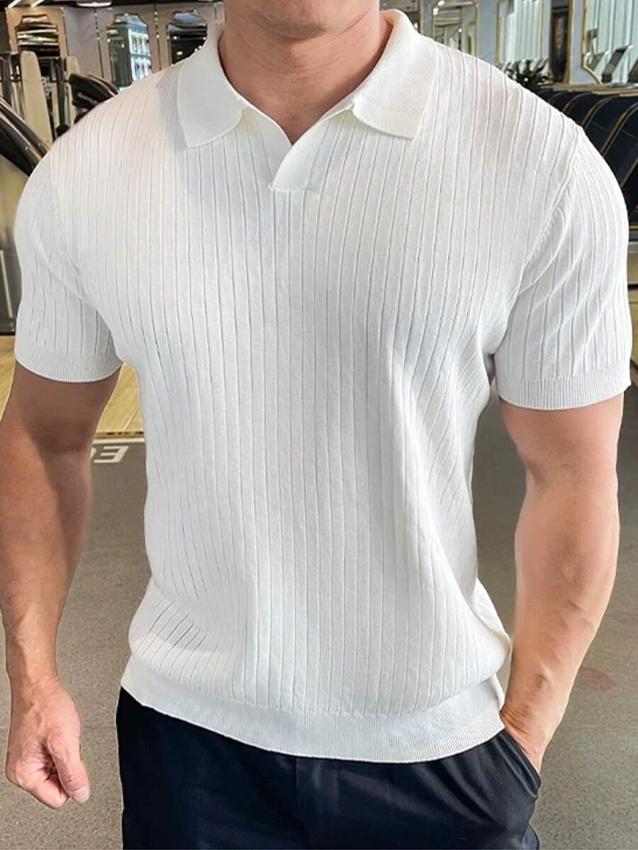 Men's Solid Color Rib-Knit Short Sleeve Casual Sweater, Summer - White - View 1