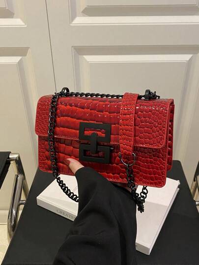 Bolso de hombro retro de moda miniatura para mujeres, bolso cruzado liviano con cadena metálica, bolso cuadrado casual con cierre, bolso tipo cocodrilo, bolso de compras para chicas jóvenes, adecuado para el transporte diario de mujeres