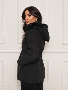 Women's Twill Parka Coat Plush Lined Overcoat Winter Fashion - 黑色 - 查看 7