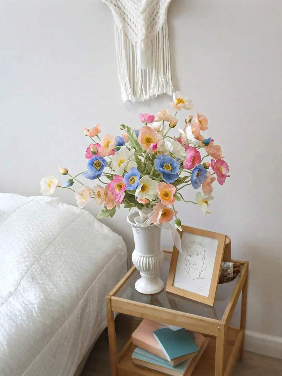 5朵/1束多色人造丝罂粟花，仿真罂粟花束，适用于婚礼、节日派对、室内/室外、花瓶、桌面、办公室装饰、节日和毕业礼物 - 彩色 - 查看 1