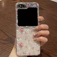 可爱粉色花朵贝壳手机壳带闪光手链适用于三星 Galaxy Z Flip 5 6 Z Flip6 ZFlip7 ZFlip 5 Zflip6 Zflip5 防震后盖防水防摔防刮 - 粉色 - 查看 5