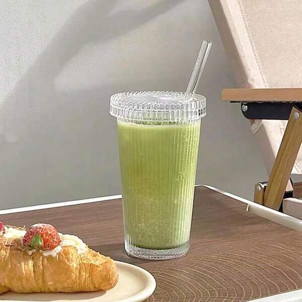 1pc Vertical Striped Transparent Cup With Lid And Straw, For Home Use