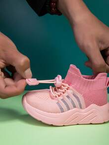 New Soft, Breathable & Non-Slip Casual Sport Shoes With Elastic Mesh For Kids, Simple Design, Suitable For All Seasons, Lightweight And Easy To Wear - Pink - View 12