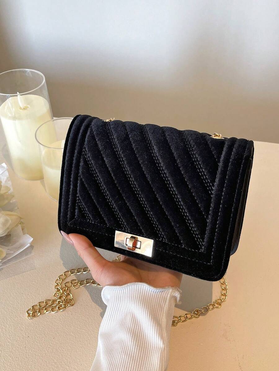 Fashion New Velveteen Quilted Strap Crossbody Bag, Street-Style Chain Shoulder Bag, Simple Solid Color Ladies Small Square Purse - Black - View 1