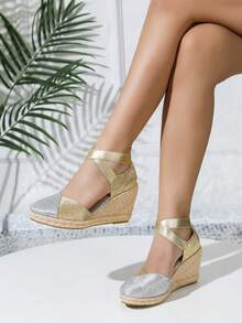 Women's Platform Wedge Elastic Anklet Rope-Tie Closed Toe Sandals With Heel Coverage - Silver - View 1