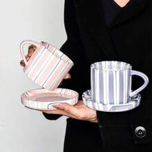 1 件黑白条纹陶瓷杯碟套装，复古法式简约经典黑白条纹陶瓷咖啡杯碟，适用于咖啡厅、厨房、下午茶、摄影、生日礼物 - 彩色 - 查看 6