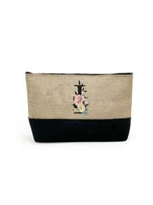 1 set, Bolso de mano tipo tote con estampado de flores con inicial A y correas para el hombro & Set de bolsas de maquillaje con iniciales de la A a la Z, bolso de regalo personalizado con bolsillos laterales, bolso de playa con pañuelo, bolsos de almacenamiento portátiles y de ocio, bolsas de compras multifuncionales, bolsa de almacenamiento simple para viajes