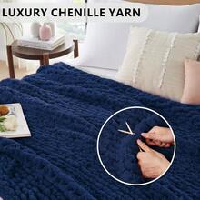 Chunky Knit Blanket - Soft Chenille Yarn Throws 40x50: Handmade Thick Cable Crochet Blanket - Large Chunky Yarn Rope Knot Throw For Couch, Sofa, Bed Home Decor - 深藍色 - 查看 3