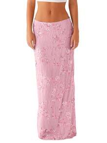 Women Summer Skirt Casual Elegant Sequin Floral Embroidery Long Skirt For Beach Vacation Club Streetwear - 粉色 - 查看 7