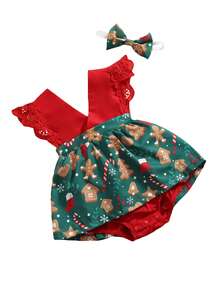Newborn Baby Girl Christmas Romper Dress Lace Sleeveless Tutu Bodysuit Xmas Outfit + Headband My First Christmas Clothes - Green - View 2
