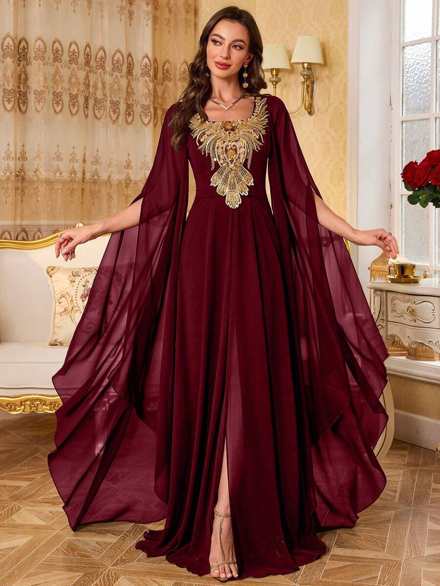 SUPGIR V-Neck Pleated Waist Pearl Decorated Lantern Sleeve Long Chiffon Formal Dress - 酒紅色 - 查看 1