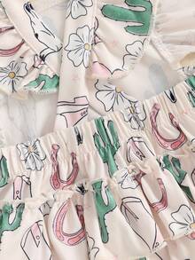 0-18 Months Baby Girl Romper Cactus Flower Cow Pattern Ruffled Flying Sleeve Newborn Jumpsuit Perfect For Summer - 杏色 - 查看 6