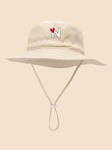 1 pieza Sombrero de sol para niños con patrón de corazón y letra, con cordón ajustable a prueba de viento, estilo casual tipo cubo para uso diario al aire libre, playa, protección solar - Beis - Ver 41