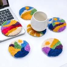 Handmade Punch Embroidery Kits For Beginners, Cartoon Landscape Series Punch Embroidery Coaster, Insulation Pad, Heat Resistant Mat