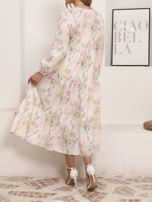 Floral Print Tie-Back Patchwork Ruffle Hem Arabic Dress, Modest - Multicolor - View 2
