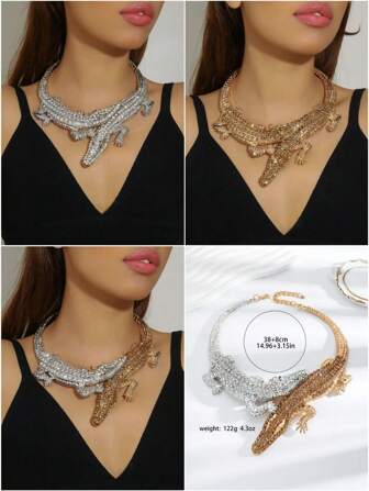 1 pieza Collar con colgante de metal con cadena, cocodrilo, rhinestones y circonitas, con un estilo exagerado de hip hop punk elegante para mujeres
