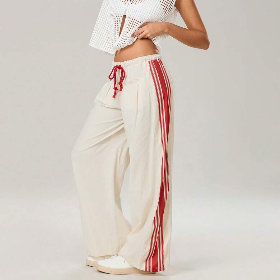 Womens Hudson Canyon Pants Side Striped Sweatpants Drawstring Waist High Rise Wide Leg Pant Trousers With Pockets Y2K Slouchy Palazzo Pants Streetwear - trắng - Xem 1